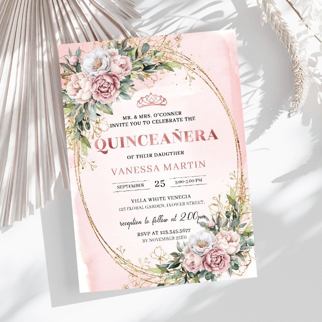 Convite Lindas Flores de Ouro Rosa Eucalipto 15º Aniversár (Lovely Rose Gold Flowers Eucalyptus 15th Birthday Invitation

)