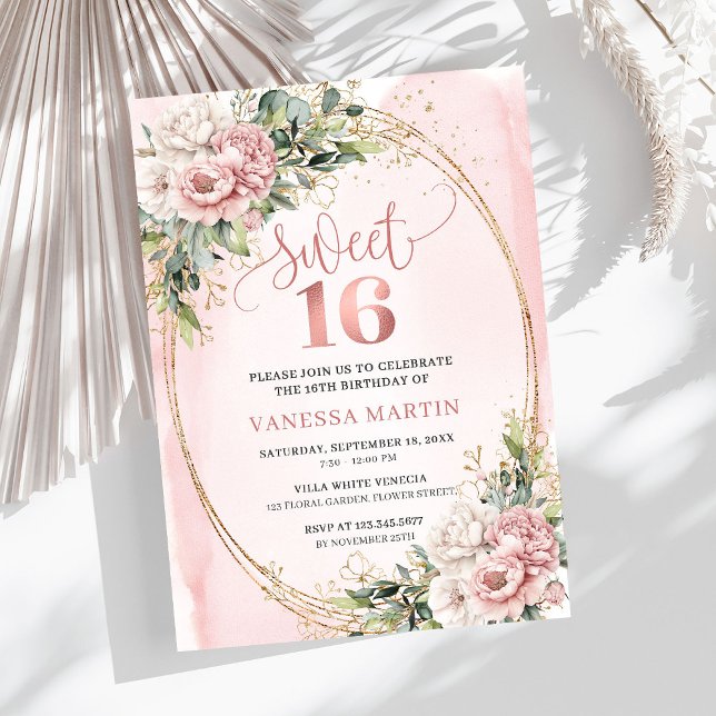 Convite Lindas Flores de Ouro Rosa Eucalipto 16º Aniversár (Lovely Rose Gold Flowers Eucalyptus 16th Birthday Invitation

)