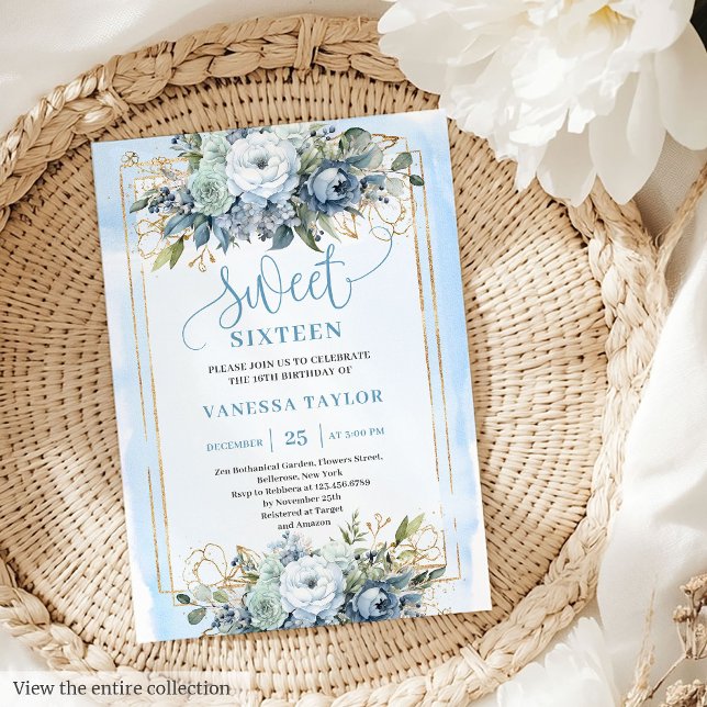 Convite Lindas Flores Douradas, Azuis, Azuis, Doce 16 (Beautiful Dusty Blue White Gold Flowers Sweet 16 Invitation)