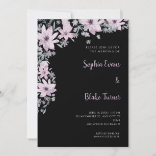 Convite Lindas Flores Roxas Casamento Preto Romântico