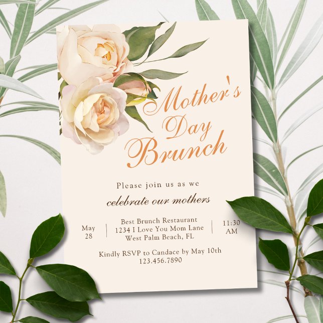 Convite Lindas Rosas Brancas Chic Creme Brunch do Dia das  (Criador carregado)