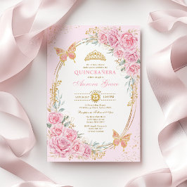 Convite Lindas Rosas Cor-de-Rosa Borboletas Quinceañera
