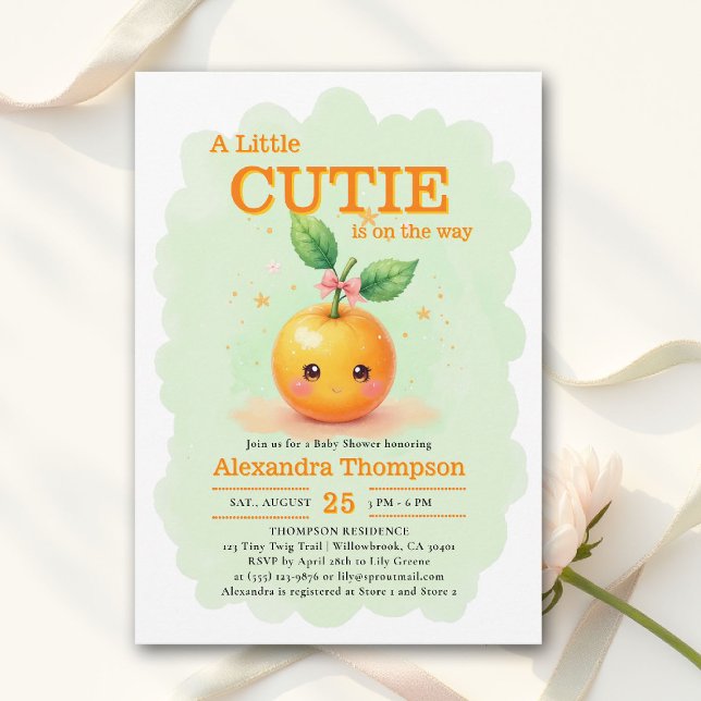 Convite Lindinho Laço Laranja Menta Verde Chá de Bebê (little cutie orange theme baby shower invitation citrus bow watercolor illustration mint green bloom)