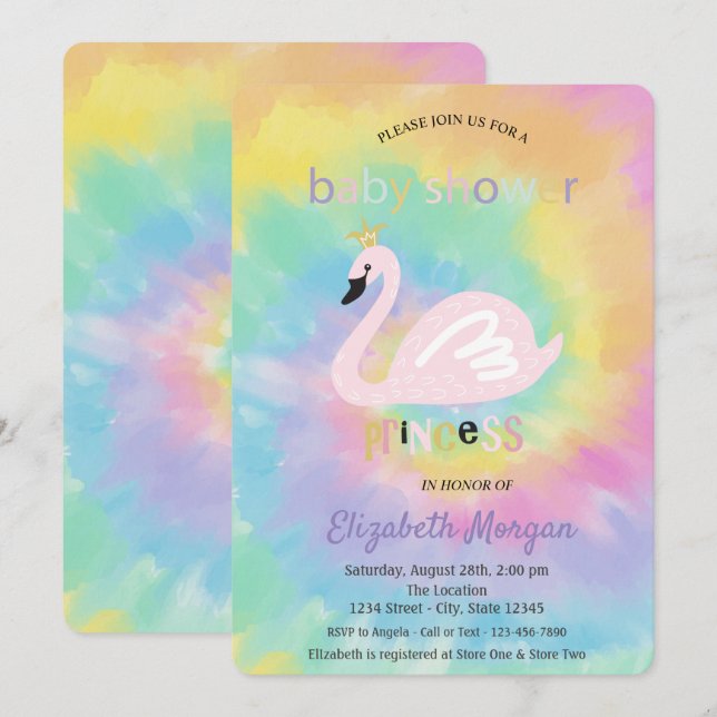 Convite Lindíssimo Chá de Bebê Cisne Tie Dye (Frente/Verso)