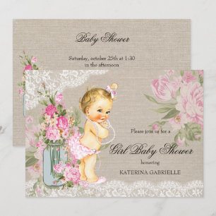 Convite Lindíssimo Chá de Bebê Menina com Renda Floral Sha