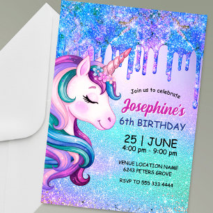 Convite Lindo aniversário de unicórnio roxo azul ombre got