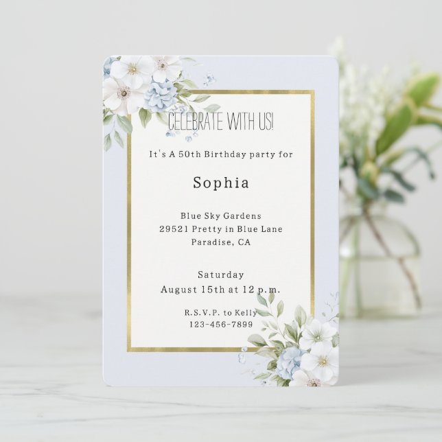 Convite Lindo Aniversário Floral Branco Azul (Em pé/Frente)