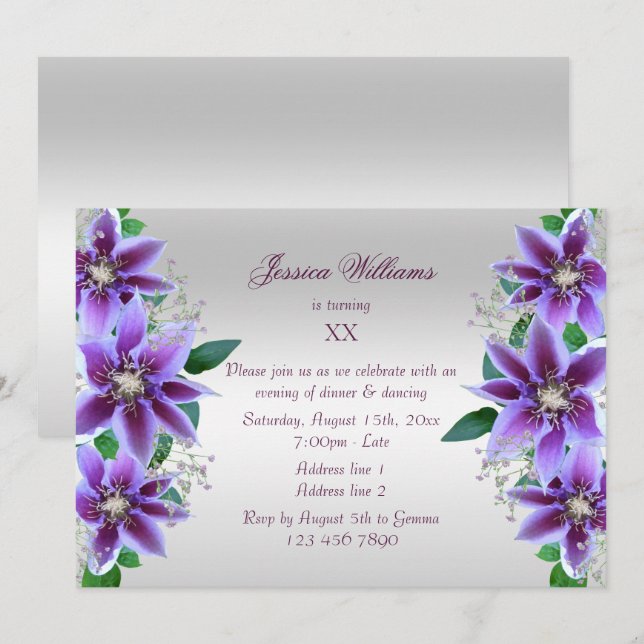 Convite Lindo Aniversário Floral de Clematite Roxa (Frente/Verso)