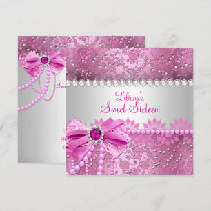 Convite Lindo Arco de Pérola em Renda Rosa Prata Sweet 16