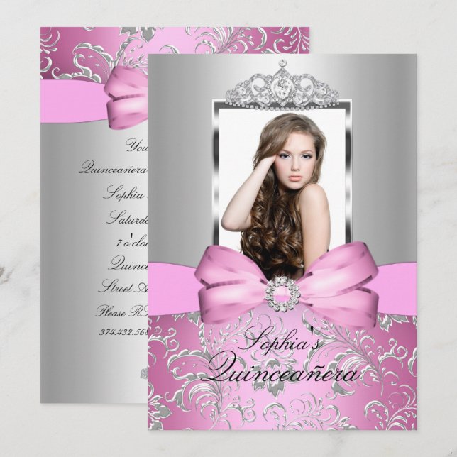 Convite Lindo Arco de Prata Rosa e Tiara Quinceanera (Frente/Verso)