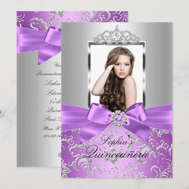 Convite Lindo Arco e Tiara de Prata Roxo Quinceanera (Frente/Verso)
