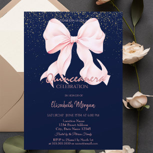 Convite Lindo Arco Rosa Confetes Azul Marinho Quinceañera