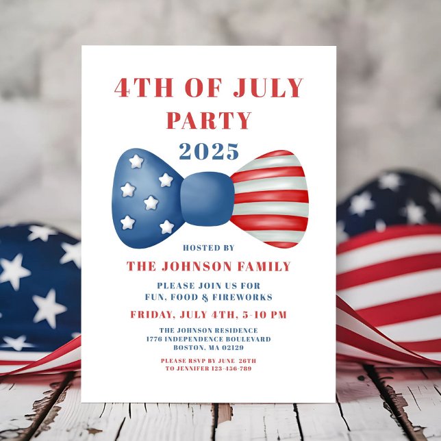 Convite Lindo Arco Vermelho, Branco E Azul 4 De Julho (Cute Red, White And Blue Bow 4th Of July Invitation)