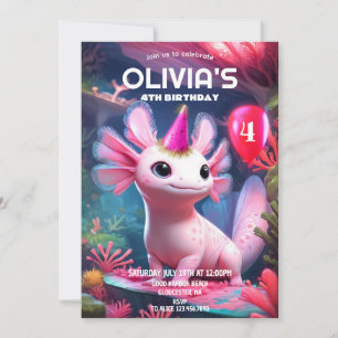 Convite Lindo Axolote Rosa Menina de Aniversário