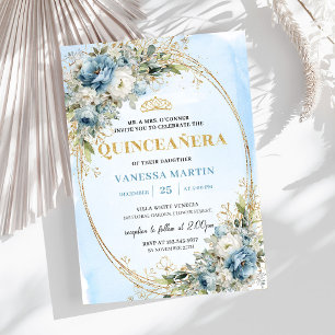 Convite Lindo Azul Pastel Dourado Eucalipto Quinceañera