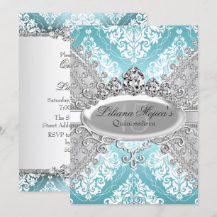 Convite Lindo Azul Prata Damask & Tiara Quinceanera