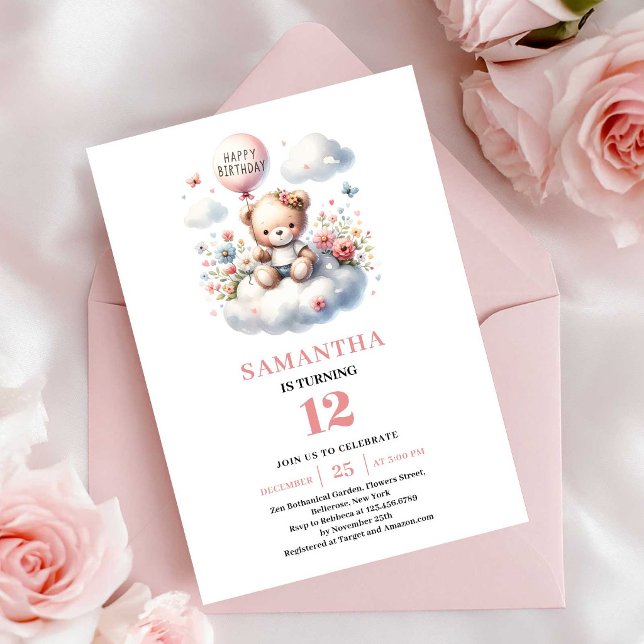 Convite Lindo balão de urso de pelúcia menina das flores a (Lovely teddy bear balloon flower girl birthday invitation

)