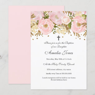 Convite Lindo Batismo Floral Rosa Bege Dourado Menina