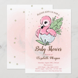Convite Lindo Bebê Flamingo Rosa Estrelas Chás de Bebê