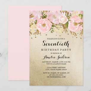 Convite Lindo Beijo Dourado Rosa Floral 70º Aniversário