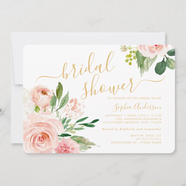 Convite Lindo Blush Dourado Floral Chá de Noiva (Frente)