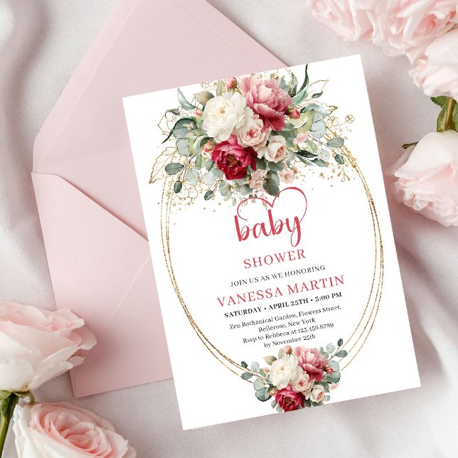 Convite Lindo Boho Rubi Vermelho Blush Eucalipto Floral Be (Lovely Boho Ruby Red Blush Eucalyptus Floral Baby Invite)