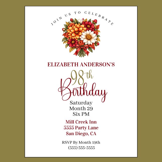 Convite Lindo Buquê de Flores de Outono para 98º Aniversár (Pretty Autumn Flower Bouquet 98th Birthday Invitation For Women.)