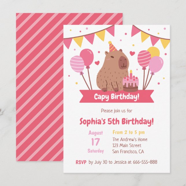 Convite Lindo Capivara Com Bolo De Aniversário Capy Aniver (Frente/Verso)