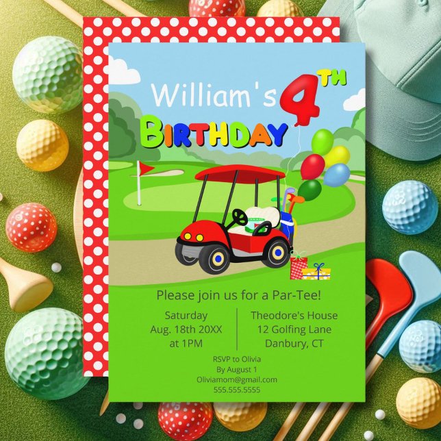 Convite Lindo carrinho de golfe vermelho para menino de 4  (Criador carregado)