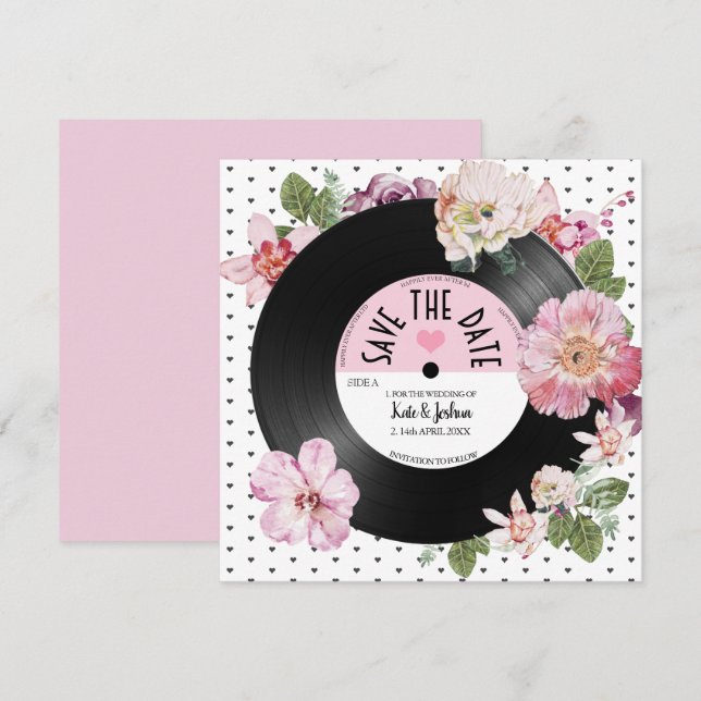 Convite Lindo casamento floral em vinil retrô para salvar  (Frente/Verso)