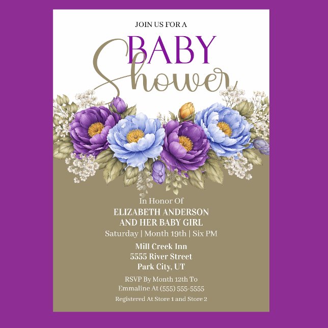 Convite Lindo Chá de Bebê da Menina com Tons Azul e Roxo d (Elegant blue and purple peony floral baby shower invitation)