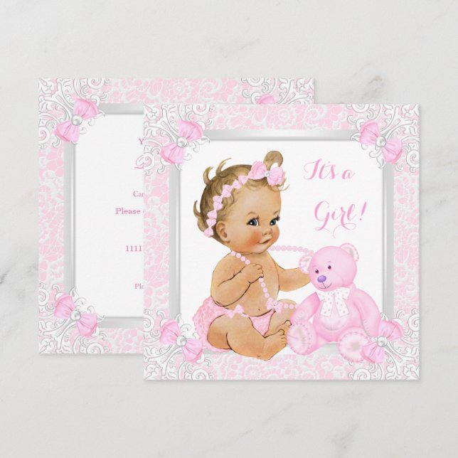 Convite Lindo Chá de Bebê Menina Bebê Renda Urso Loira Beb (Frente/Verso)
