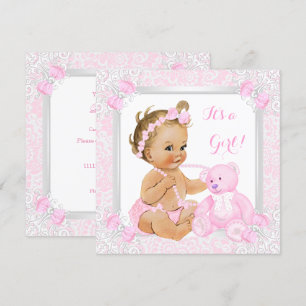 Convite Lindo Chá de Bebê Menina Bebê Renda Urso Loira Beb