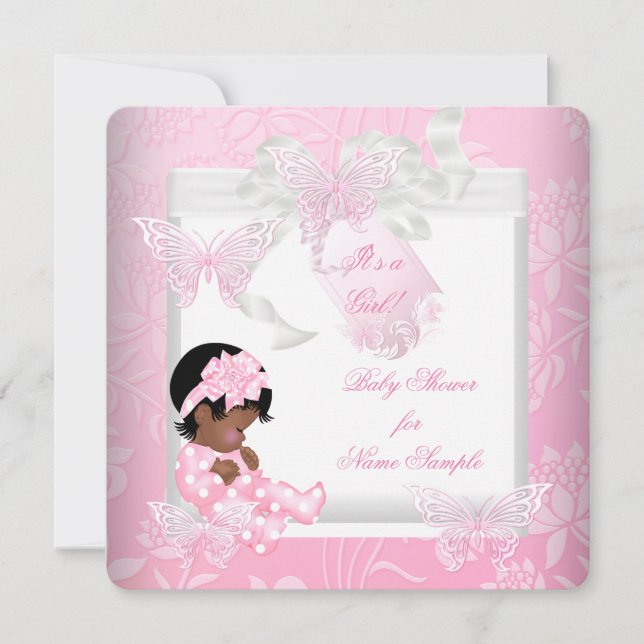 Convite Lindo Chá de Bebê Menina Fofo Borboleta Rosa AA (Frente)