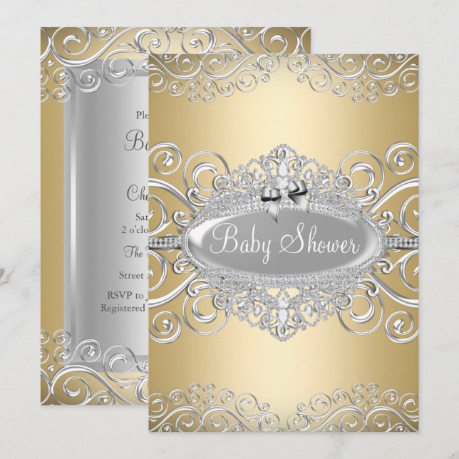 Convite Lindo Chá de Bebê Princesa Dourado e Prata Damask (Frente/Verso)