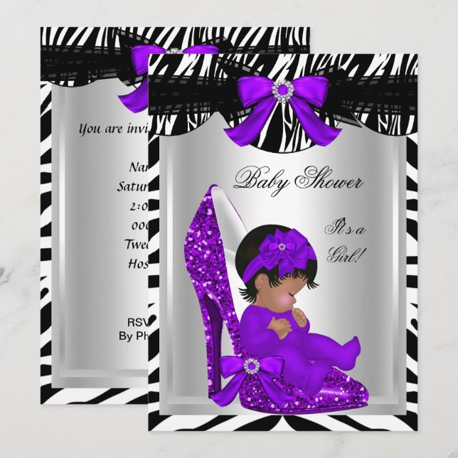 Convite Lindo Chuveiro de Bebê Menina Zebra Sapato Roxo de (Frente/Verso)