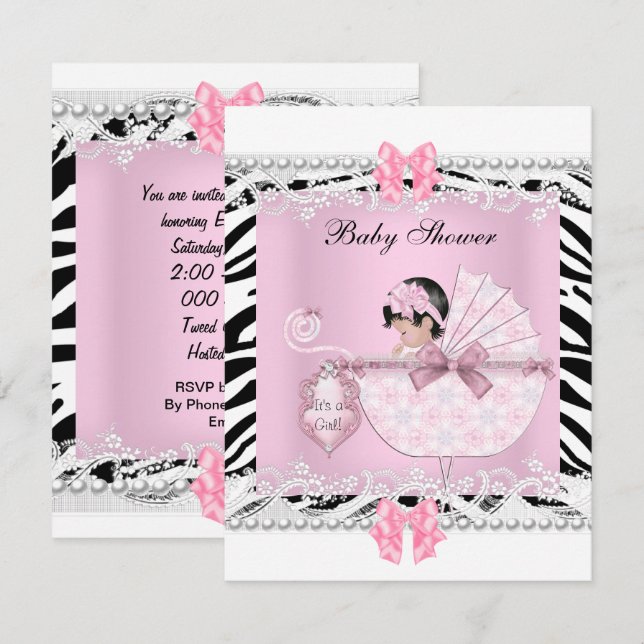 Convite Lindo Chuveiro de Bebê Zebra Bebê Menina Renda Ros (Frente/Verso)