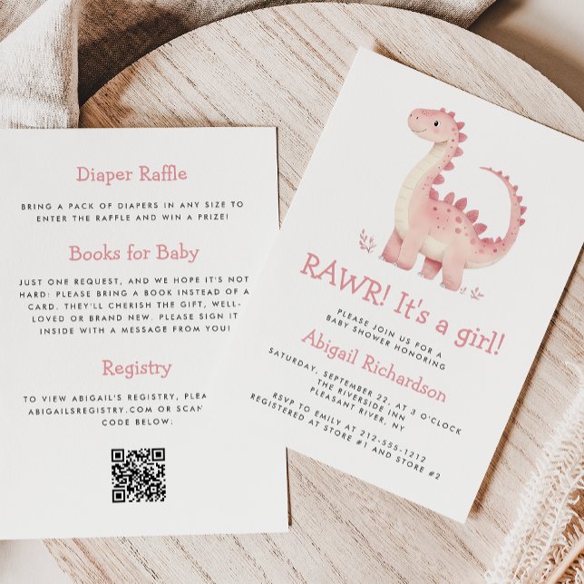 Convite Lindo Código QR de Dinossauro Rosa para Chá de Beb (Criador carregado)
