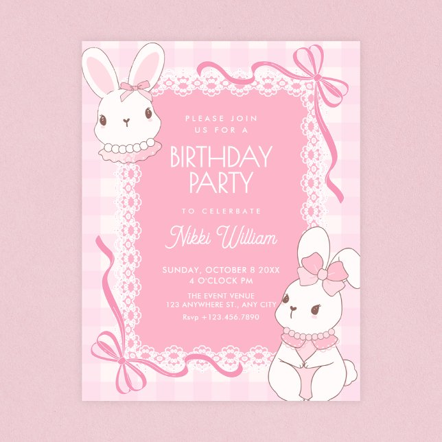 Convite Lindo coelho de laço rosa de aniversário (Criador carregado)
