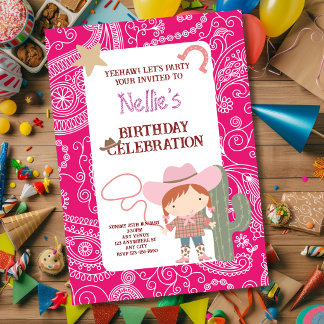 Convite Lindo Cowboy Rosa Aniversário de Criança