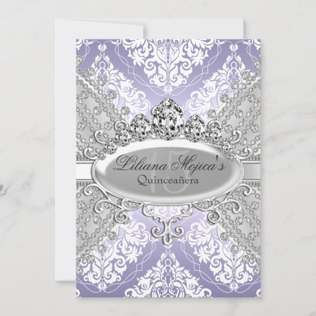 Convite Lindo Damasco Roxo Prata & Tiara Quinceanera (Frente)