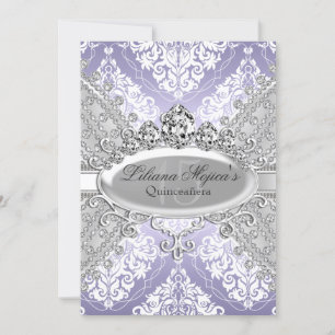Convite Lindo Damasco Roxo Prata & Tiara Quinceanera