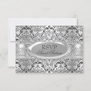 Convite Lindo Damask Prata Doce 16 RSVP