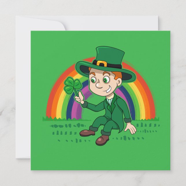 Convite Lindo duende de desenho animado com trevo e arco-í (Frente)