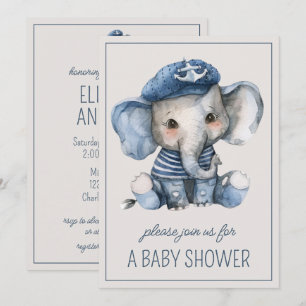 Convite Lindo Elefante Bebê Azul Náutico Personalizado