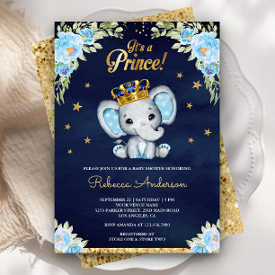 Convite Lindo Elefante Príncipe Floral Azul Marinho Churra