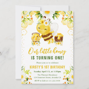Convite Lindo Floral Amarelo Abelha Mel 1º Aniversário