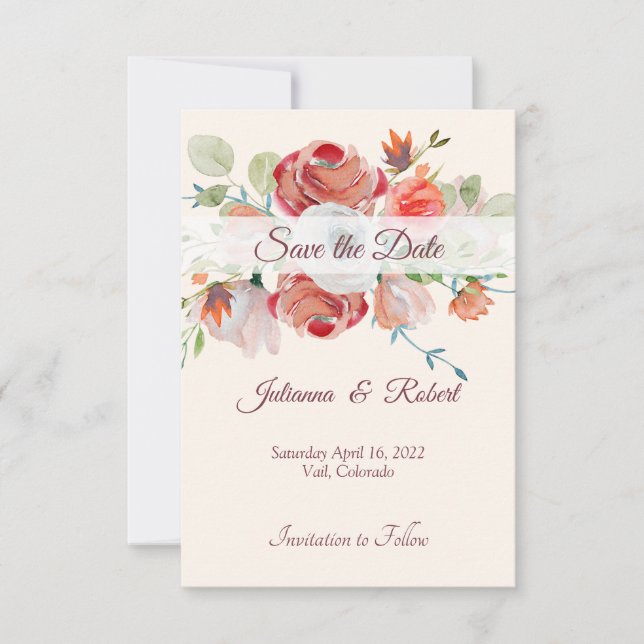 Convite Lindo floral laranja e vermelho para salvar a data (Frente)