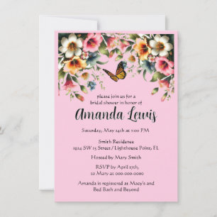 Convite Lindo Floral Rosa com Chuveiro de Noiva Borboleta