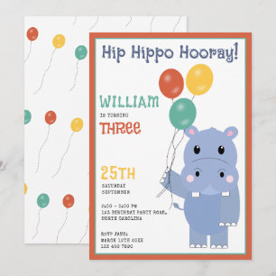 Convite Lindo Hipopótamo Hip Hipócrita Hooray Aniversário